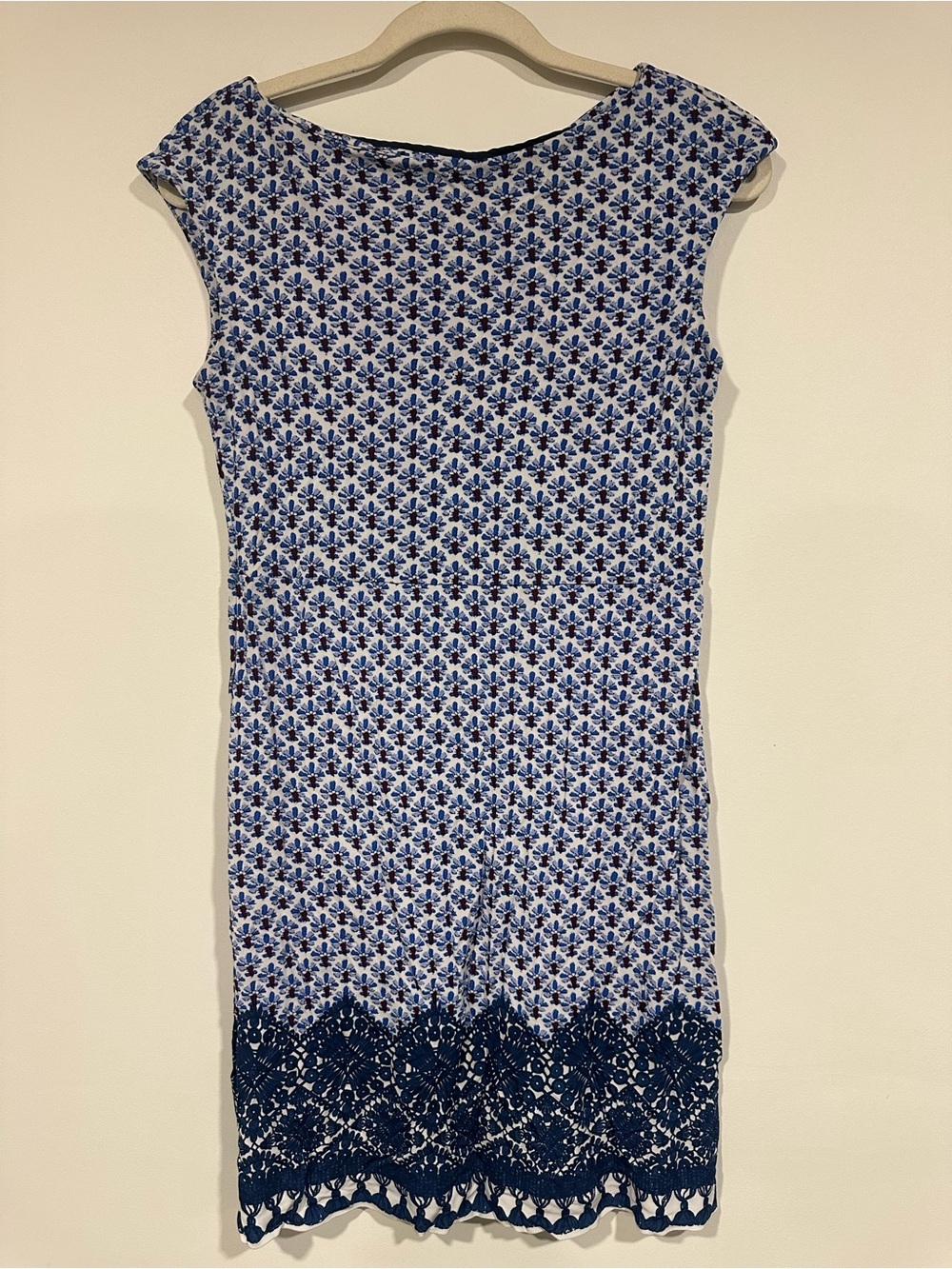 Tory Burch Women Jamie Cap Sleeve Sheath Dress Sz XS Blue Jersey Geometric